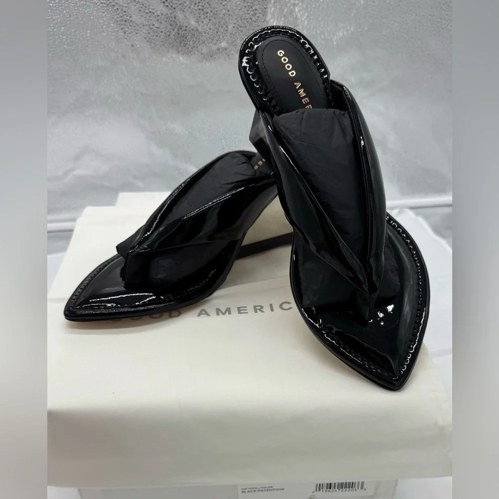 Good American Clear Wedge Black Sandal Heels Size 7.5 GA077P-X NIB - Picture 1 of 4